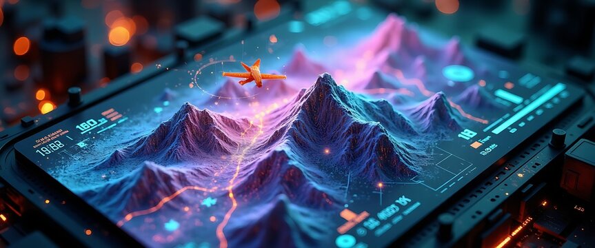 3d holographic topographic map showing mountains and airplane navigation.
