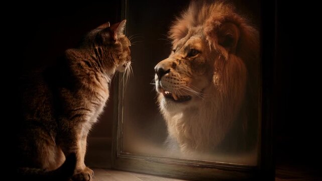 Cat looking at its reflection as a lion in a mirror symbolizing courage confidence and inner strength