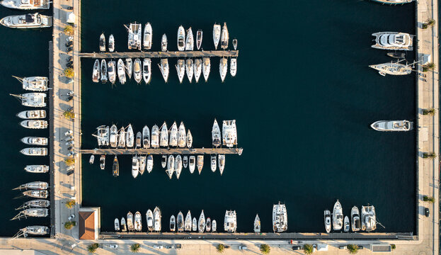 Yachts in the marina, Top down drone shot