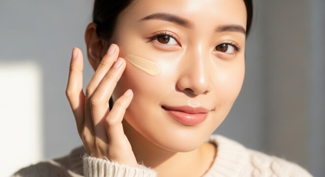 Young asian woman applying foundation or bb cream to her cheek with fingers, smiling at the camera