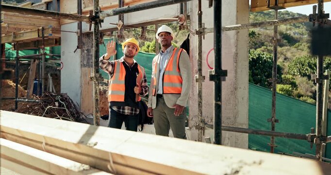 Team, men and inspection for construction project, discussion or development assessment with checklist. Collaboration, architect and planning at site, building evaluation or safety compliance