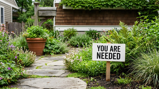 You are needed sign in garden path, message of purpose and belonging among green plants.