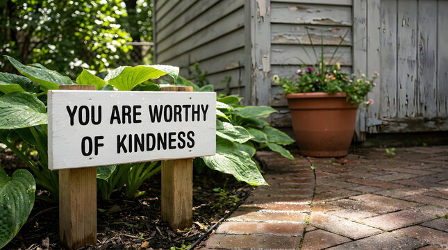 You are worthy of kindness sign placed among lush green plants in garden, gentle reminder message.