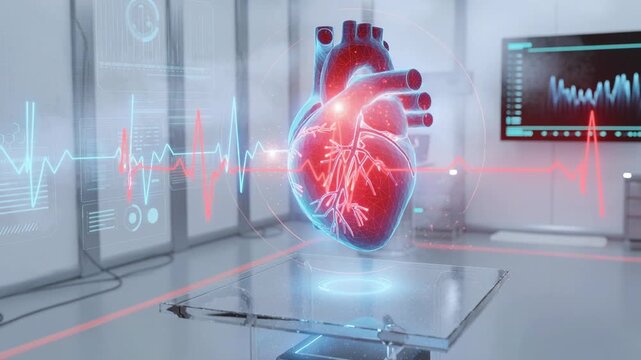 Futuristic 3D digital heart hologram with heartbeat monitor in modern medical lab technology concept