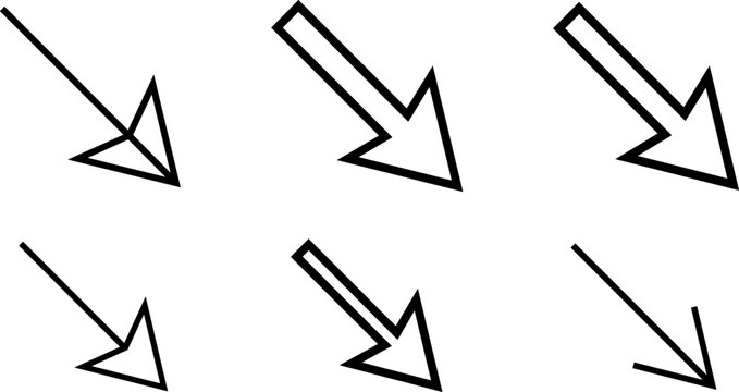 Diagonal Arrow Icon Set Showing Down Right Directional Pointers for Website Navigation and Interface Graphic Designs