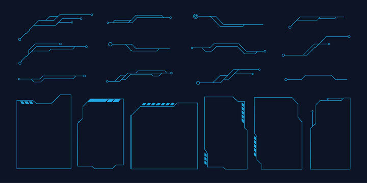 Futuristic HUD callout lines and sci-fi UI frame elements. Vector illustration of neon blue cyber tech pointers and digital text box borders representing gaming interface template.