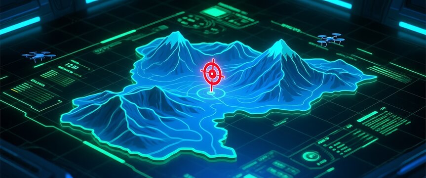 Aerial survey map displays drone flight path over mountainous digital landscape.