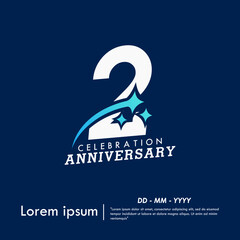 Fototapeta premium 2nd years anniversary celebration emblem. anniversary logo with sparkle stars on blue background. vector illustration template design for web banner