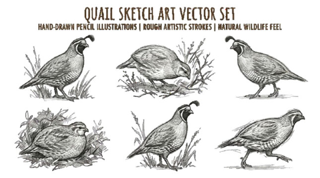 Quail sketch art vector set, hand-drawn pencil style quail illustrations, rough artistic strokes, natural wildlife feel, white background

