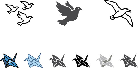 Obraz premium Flying Birds and Origami Paper Crane Icon Set for Peace, Freedom, and Creative Craft Design Projects