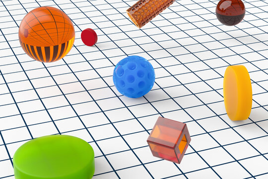 Colorful Shapes on a Grid Background With Various Textures and Sizes