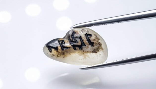 Small intricately carved ancient bone fragment with dark runic script held by tweezers
