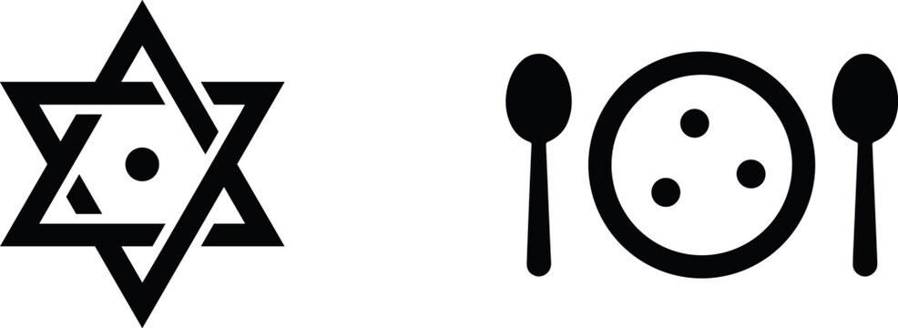 Kosher Food Certification Icon Set Featuring Star of David and Dinner Plate Symbols for Jewish Dietary Designs
