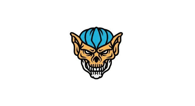 Cartoon goblin head with blue hair.