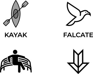 Fototapeta premium Outdoor Lifestyle Icon Set Featuring Kayak Flying Falcate Bird Sitting Person and Downward Arrow Graphic Elements