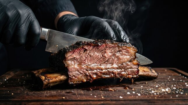Chef Hands in Black Gloves Slicing Juicy Smoked Beef Ribs - AI Generated