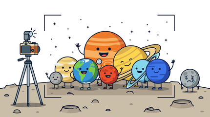 Cartoon illustration of the solar system planets posing for a group photo on the moon. © Labib_Haqqun