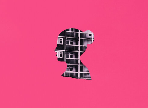 Analog collage womans head in profile showing apartment block.