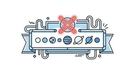 A stylized flat vector illustration featuring a row of planets with a red cross symbol. © Labib_Haqqun