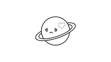 A simple black and white line drawing of a sad planet with rings and a heart. © Labib_Haqqun