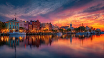 Fototapeta premium Colorful sunset over historic waterfront harbor with sailboats and reflections