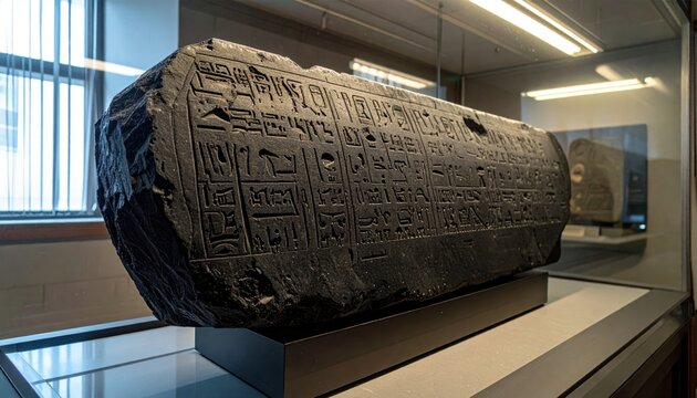 Intricately Carved Hieratic Script on a Polished Black Basalt Stela Displayed in a Museum Setting