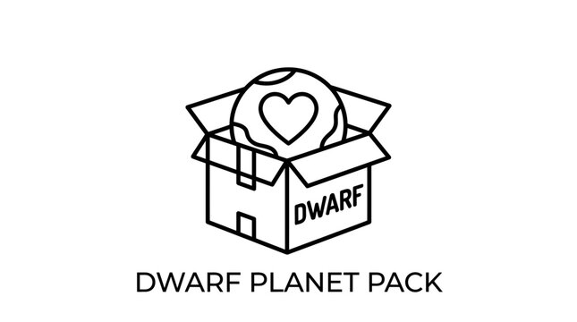 Line art icon of a dwarf planet inside a cardboard delivery box.