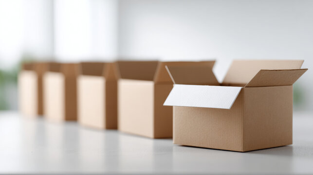 Row of open cardboard boxes on surface