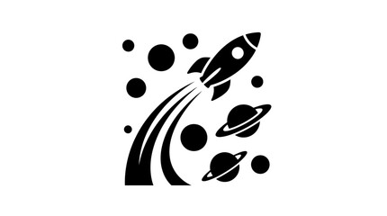 Minimalist black and white icon featuring a rocket ship launching into space. © Labib_Haqqun