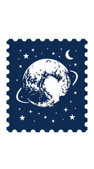 Obraz premium A vintage postage stamp design featuring a detailed planet with rings against a starry night sky.