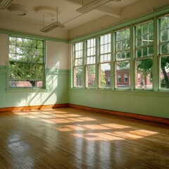 Fototapeta premium Empty vintage classroom with green walls and sunny wooden floors