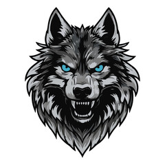 Fototapeta premium Aggressive growling wolf vector icon. Wild predator head with blue eyes for t-shirt print