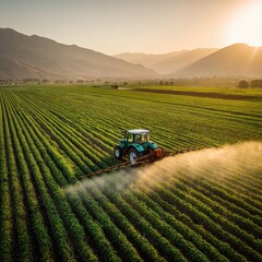 Fototapeta premium Tractor spraying crops in a green field at sunset with mountains in the background