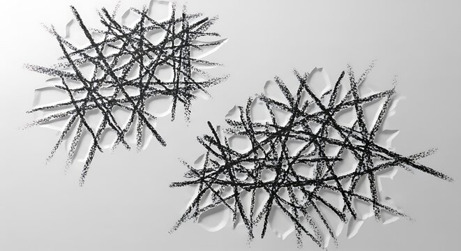Two groups of black hair bobby pins arranged in a messy intersecting starburst pattern on a light surface