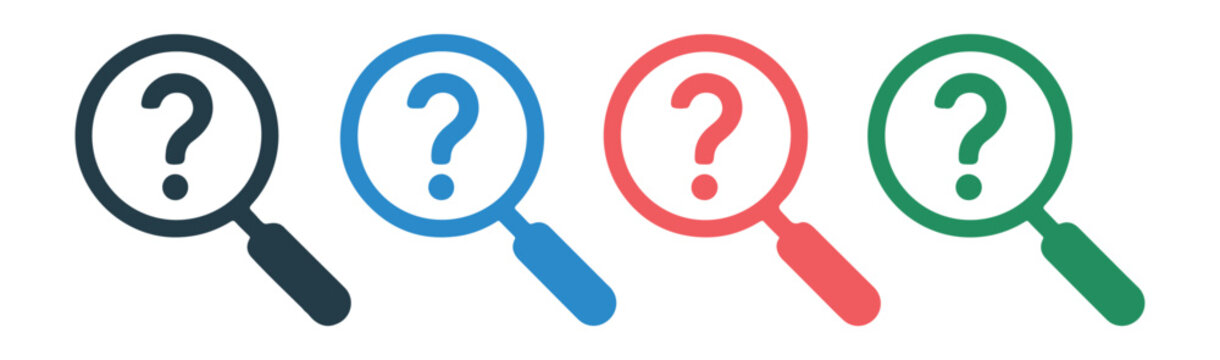 Question mark inside magnifying glass in multiple colors on transparent background representing inquiry and search.