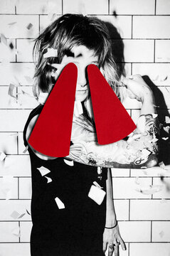 Analog collage Portrait of striking woman with anonymous eyes