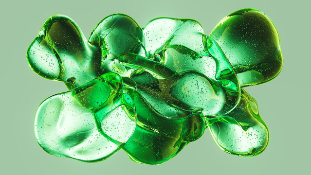 Green gel bubbles in abstract botanical skincare composition