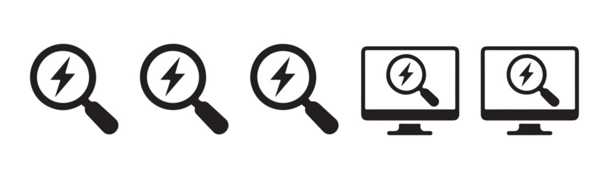 Lightning bolt symbol inside magnifying glass and computer screen on transparent background representing energy search.