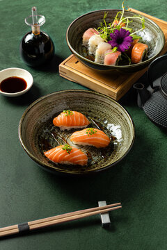 Plates with sushi and nigiri