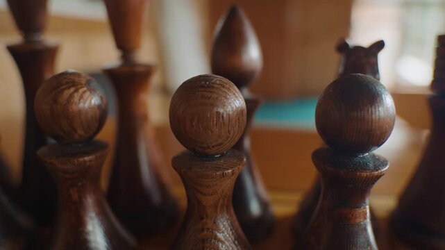 Wooden Chess Pawns and Pieces Close Up
