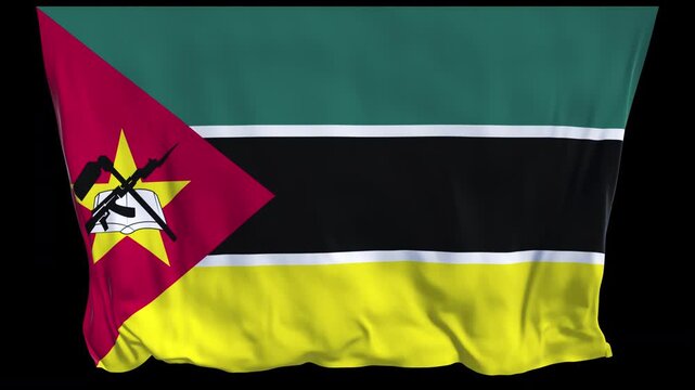 Realistic animation of the Mozambique flag waving in the wind, ideal for news, travel, politics, diplomacy, cultural content, national holidays, educational projects, presentations, and web banners.