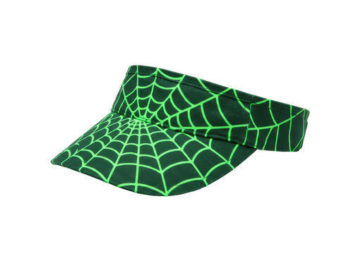Dark green visor with neon green spiderweb pattern, angled view isolated white background