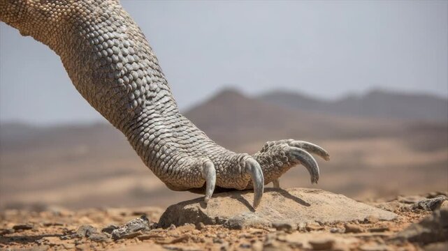 Close-up of a reptile's scaly leg and powerful claw resting on a rock in arid environment