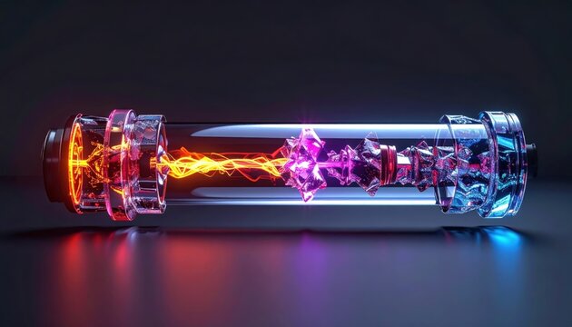 Translucent energy conduit pulsating with vibrant plasma and stored value, connecting complex systems