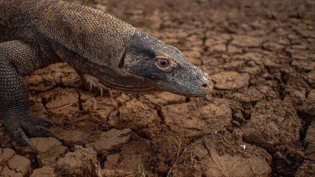 A close-up of a large lizard's head and front leg on cracked, dry earth