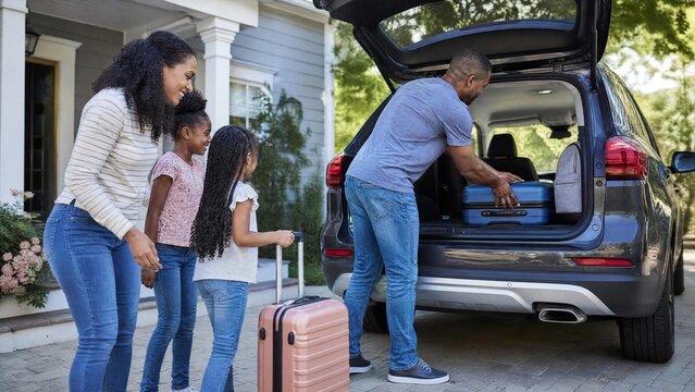 Happy African American Family Packing Suitcases into Car Trunk for Road Trip