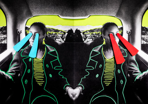 Analog collage, mirror image woman in a taxi