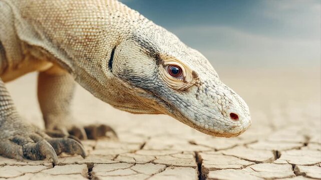 Close-up of a reptile, walking on cracked earth, with detailed scales and an intense gaze