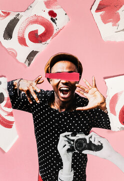 Analog collage combining a studio portrait with anonymous camera hands