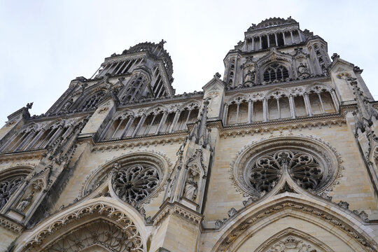 Low angle view of the intricate gothic facade of Orleans Cathedral in France